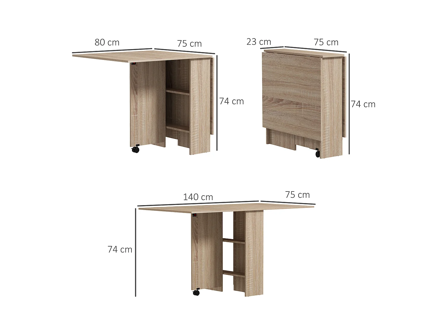 Table à manger pliante mobile sur roulettes avec 2 plateaux rabattables et 2 étagères intégrées - 140 x 80 x 74 cm naturel
