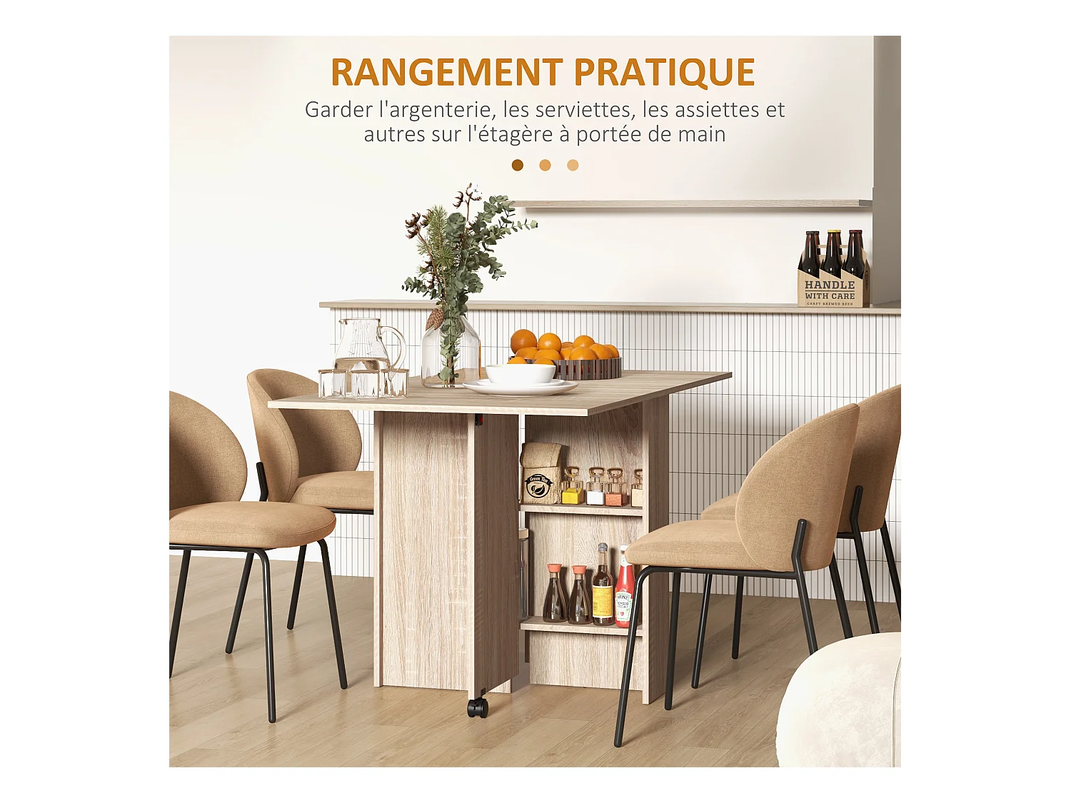 Table à manger pliante mobile sur roulettes avec 2 plateaux rabattables et 2 étagères intégrées - 140 x 80 x 74 cm naturel