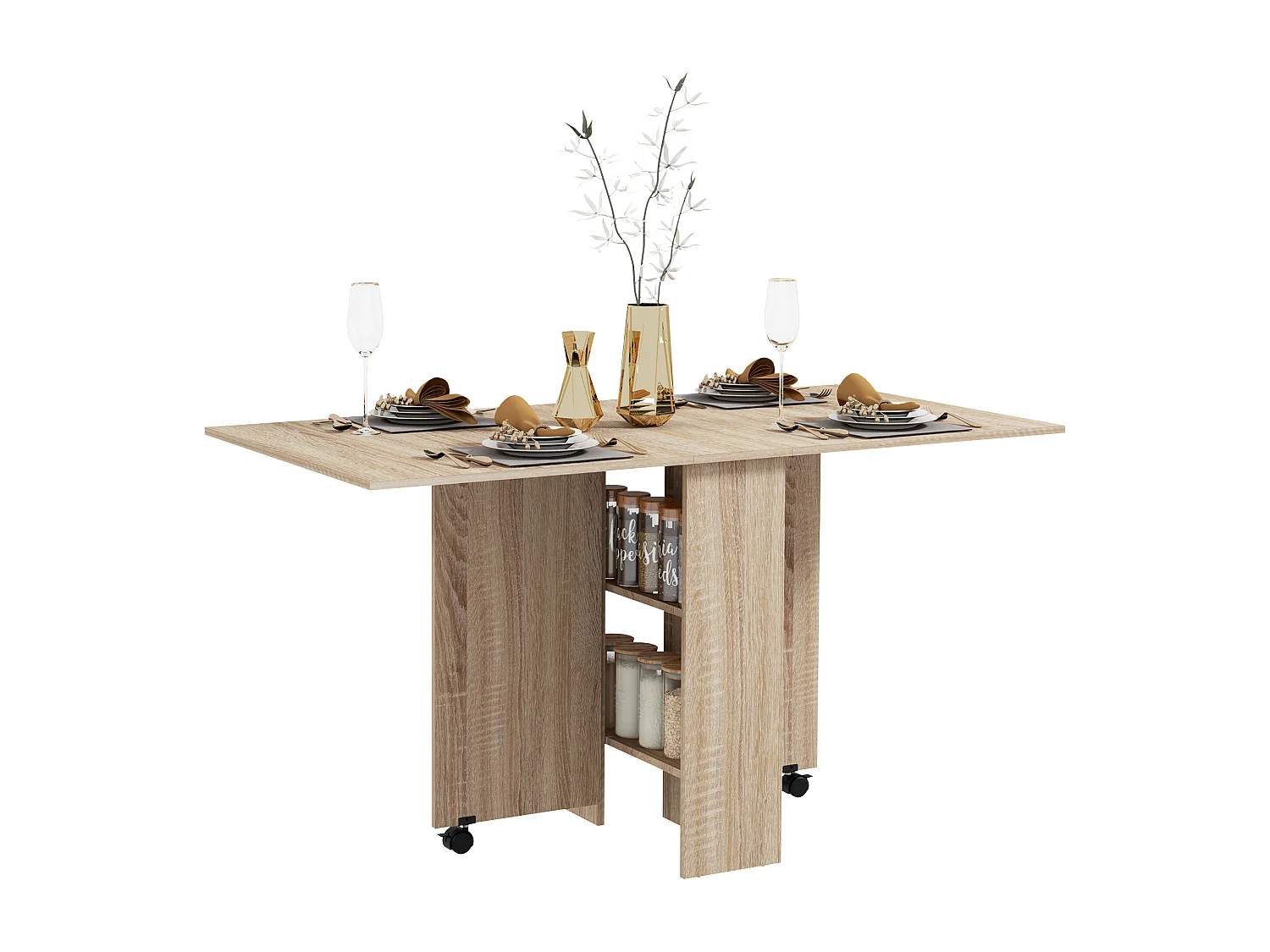 Table à manger pliante mobile sur roulettes avec 2 plateaux rabattables et 2 étagères intégrées - 140 x 80 x 74 cm naturel