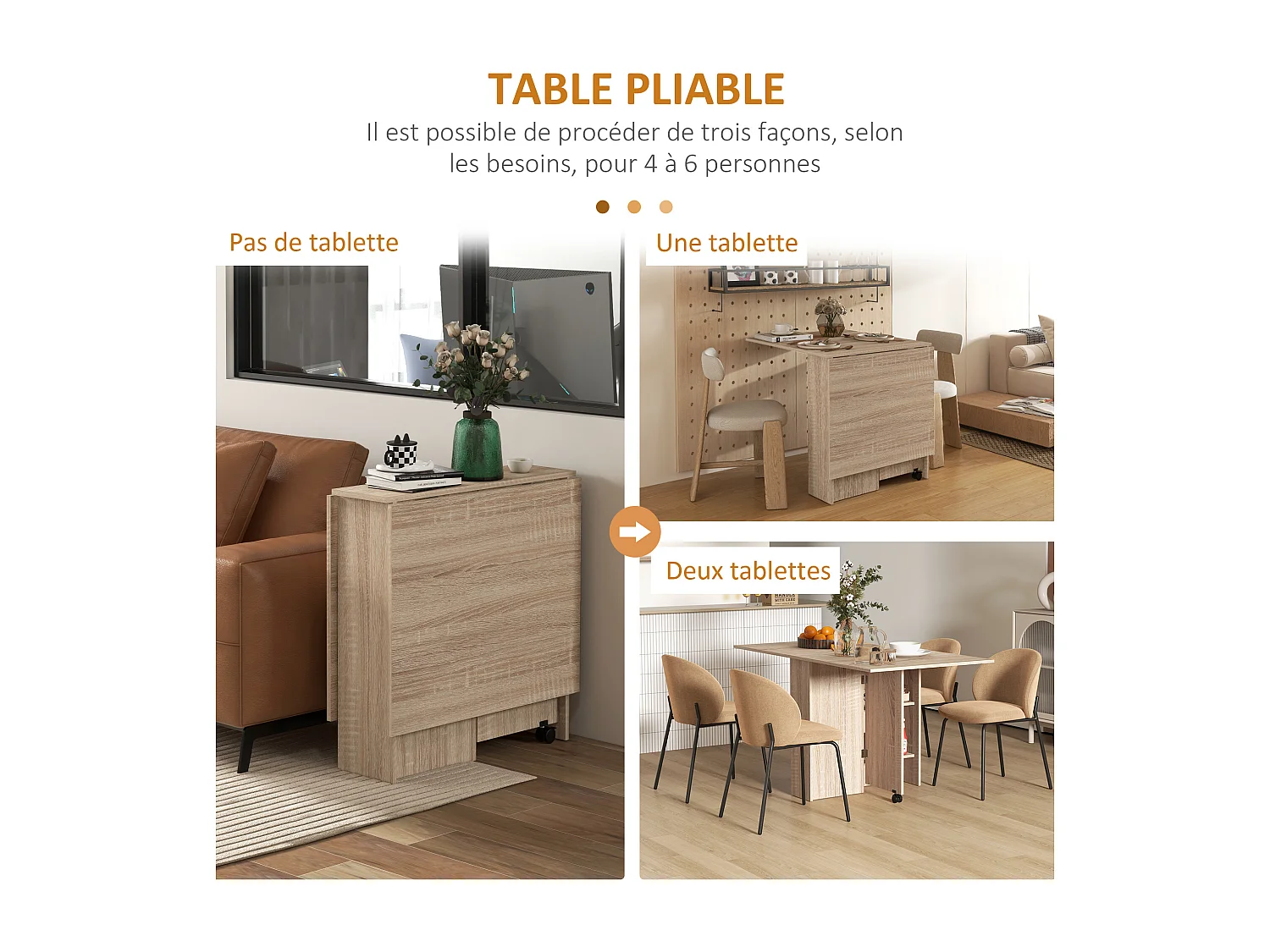 Table à manger pliante mobile sur roulettes avec 2 plateaux rabattables et 2 étagères intégrées - 140 x 80 x 74 cm naturel