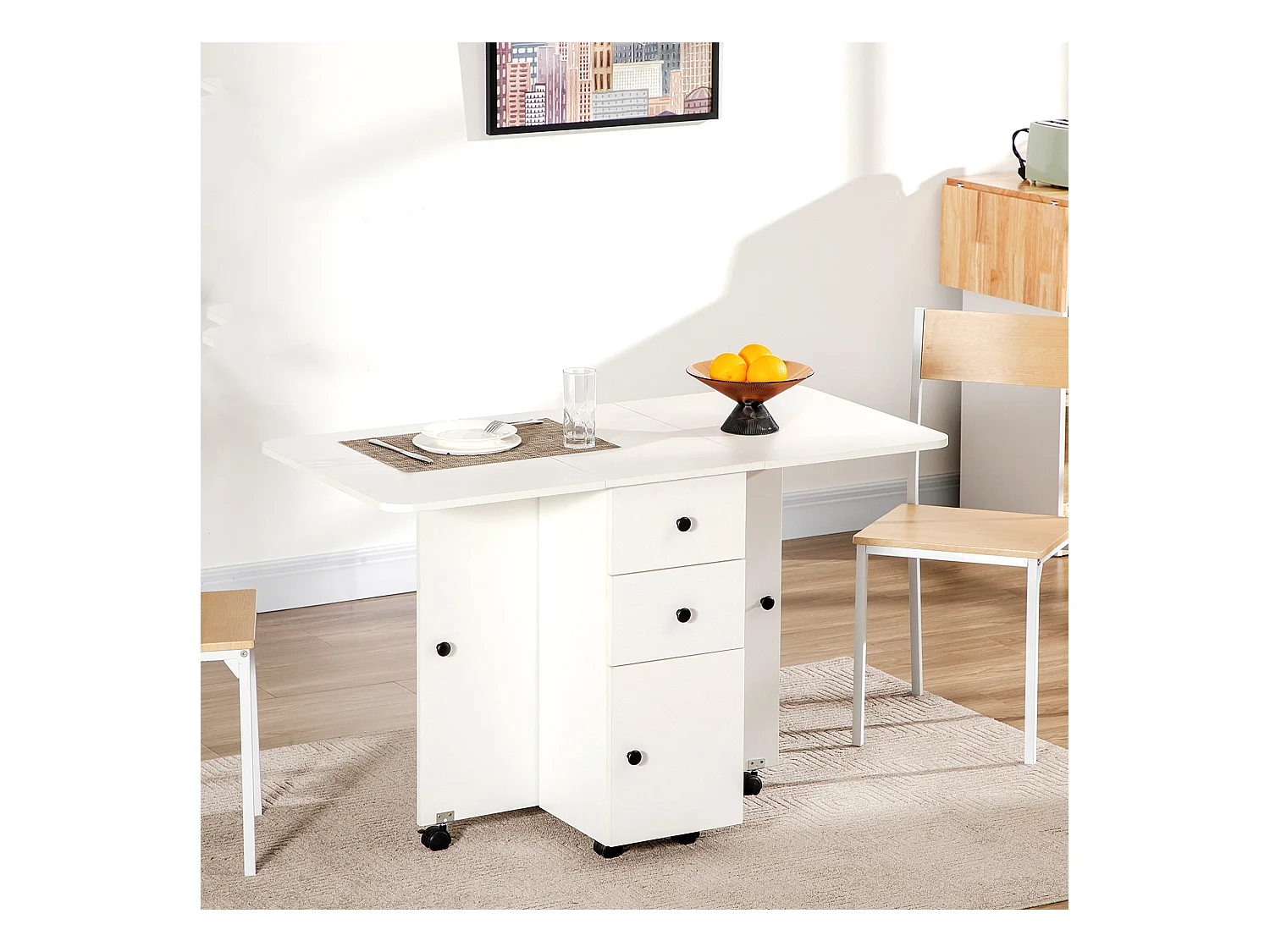 Table pliable de cuisine salle à manger - 2 tiroirs, placard, niche - panneaux aspect bois blanc