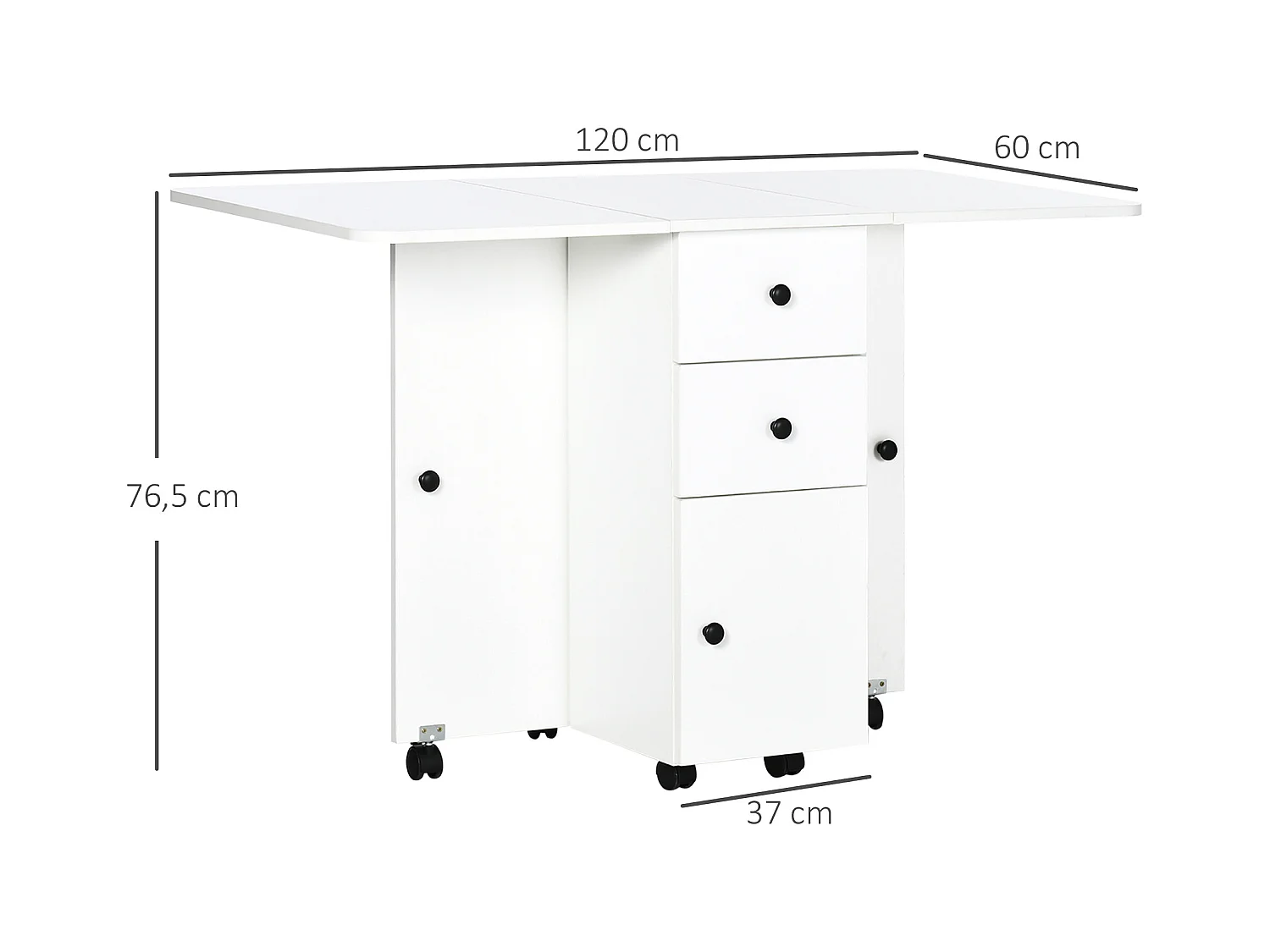 Table pliable de cuisine salle à manger - 2 tiroirs, placard, niche - panneaux aspect bois blanc