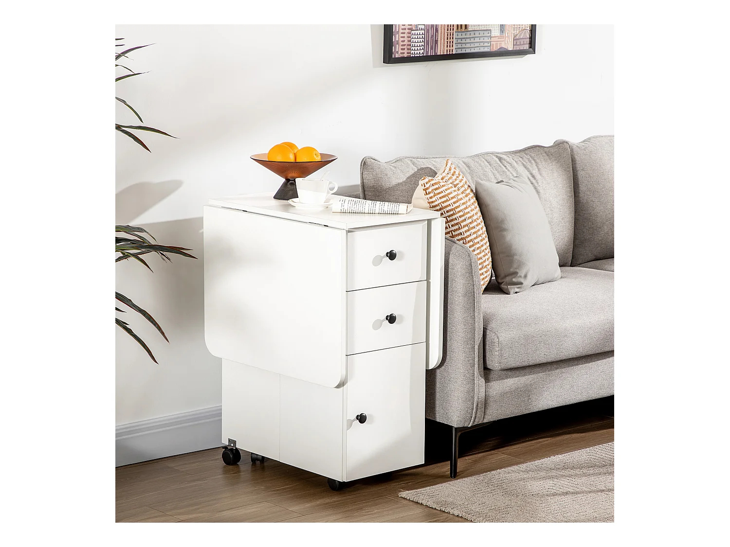 Table pliable de cuisine salle à manger - 2 tiroirs, placard, niche - panneaux aspect bois blanc