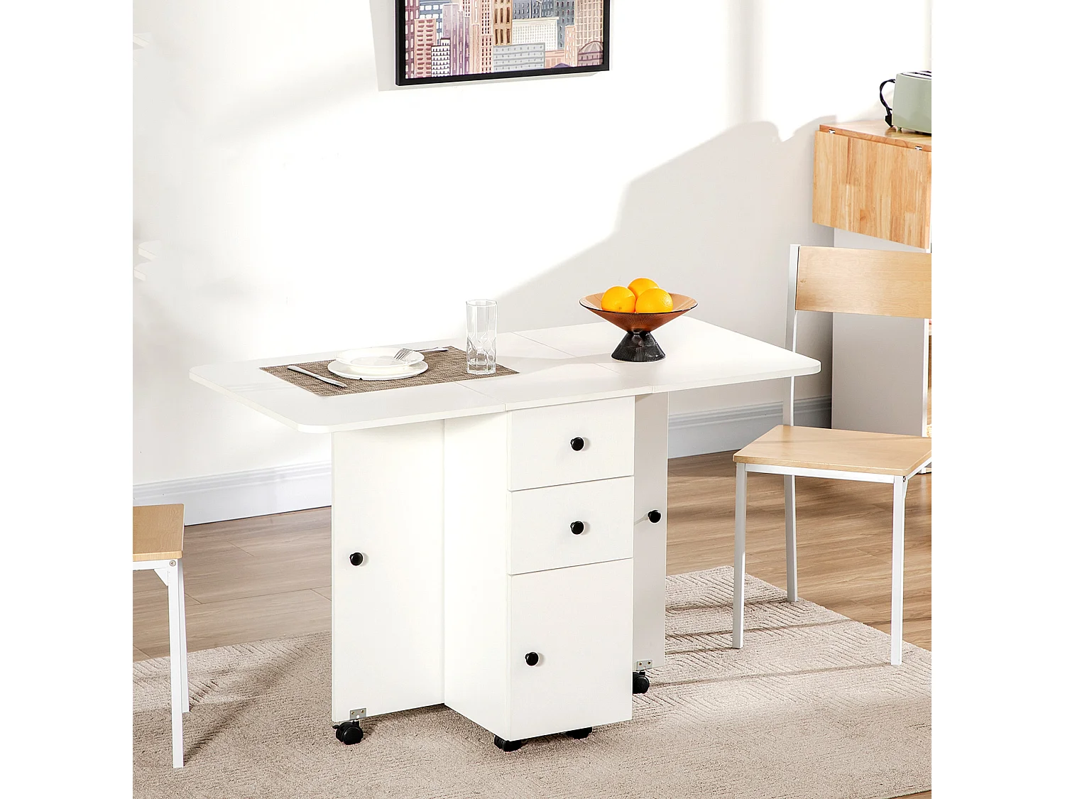 Table pliable de cuisine salle à manger - 2 tiroirs, placard, niche - panneaux aspect bois blanc