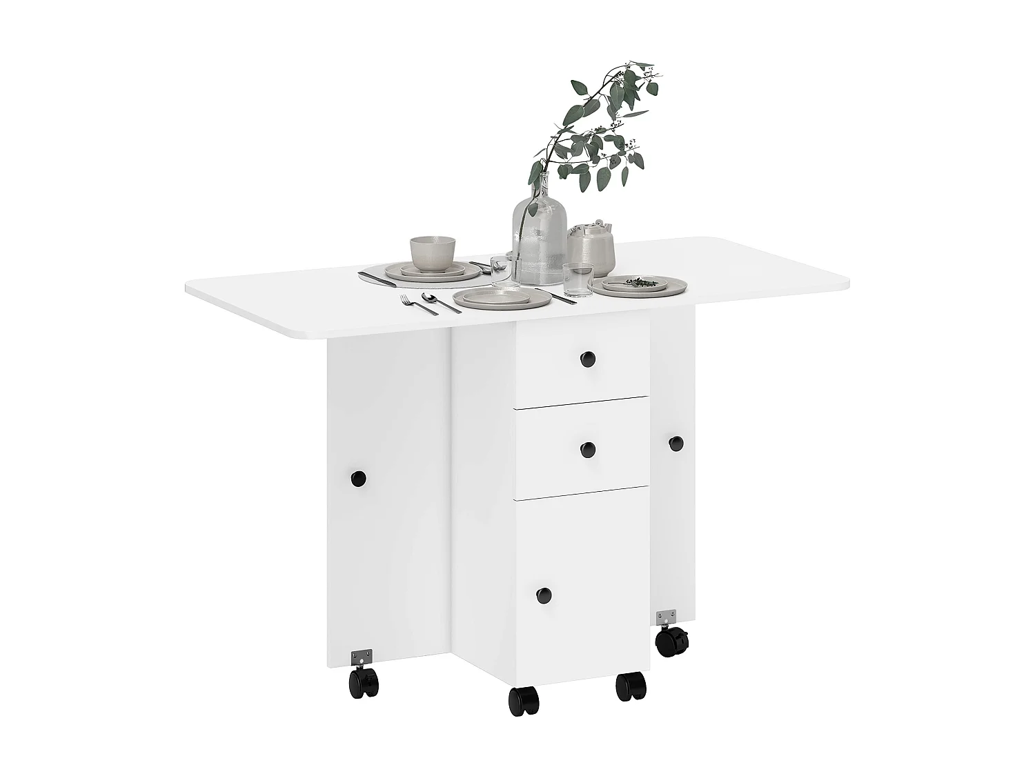 Table pliable de cuisine salle à manger - 2 tiroirs, placard, niche - panneaux aspect bois blanc