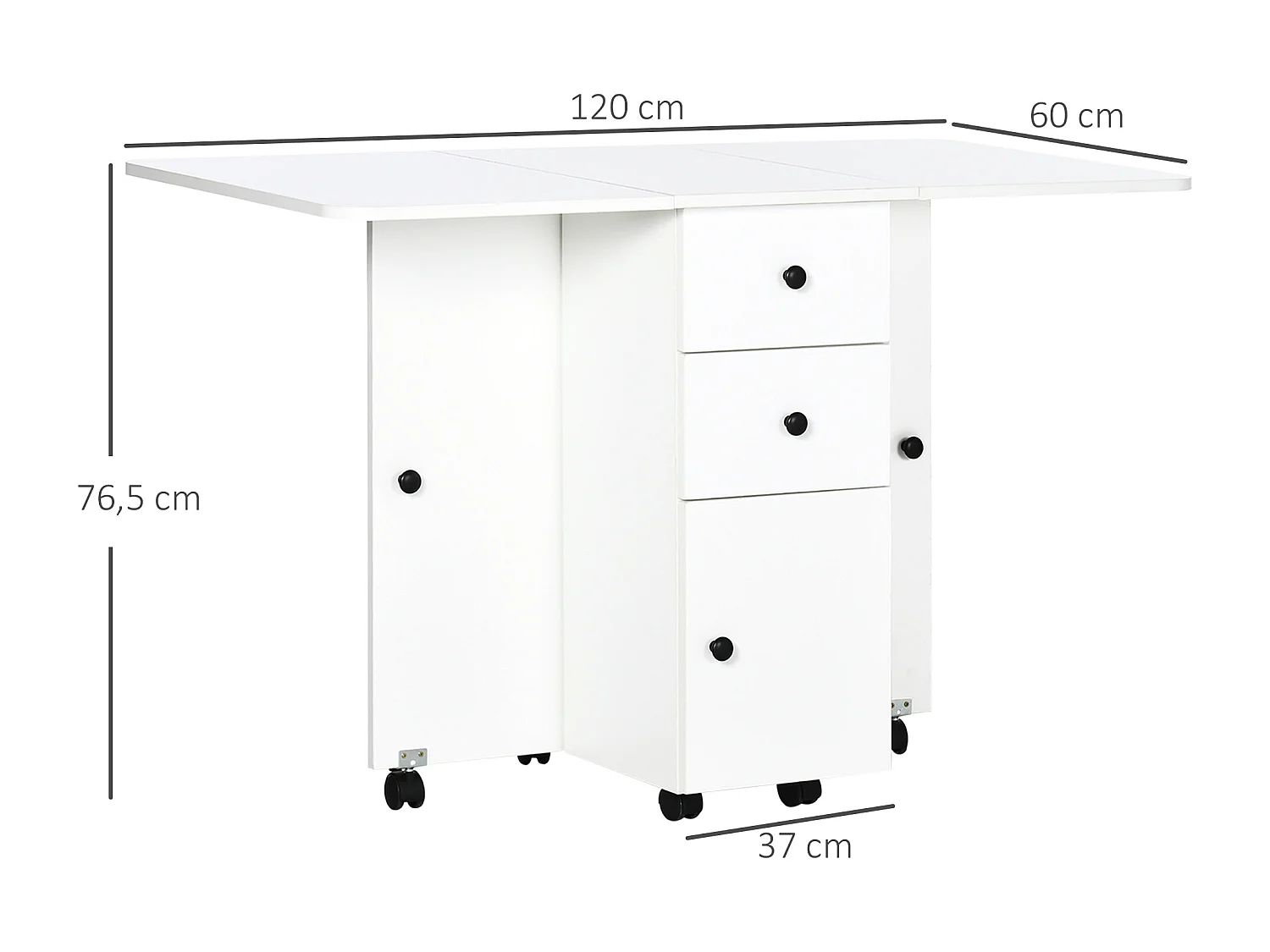 Table pliable de cuisine salle à manger - 2 tiroirs, placard, niche - panneaux aspect bois blanc