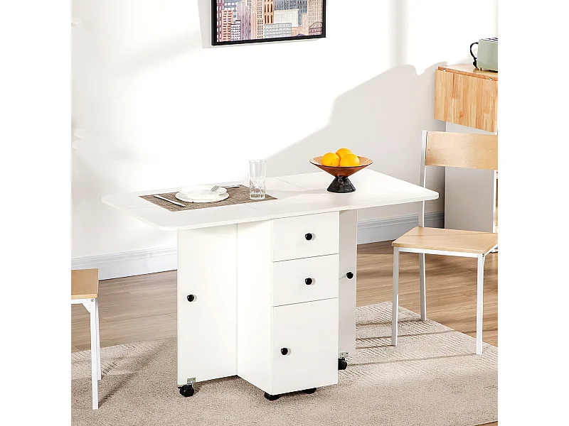 Table pliable de cuisine salle à manger - 2 tiroirs, placard, niche - panneaux aspect bois blanc