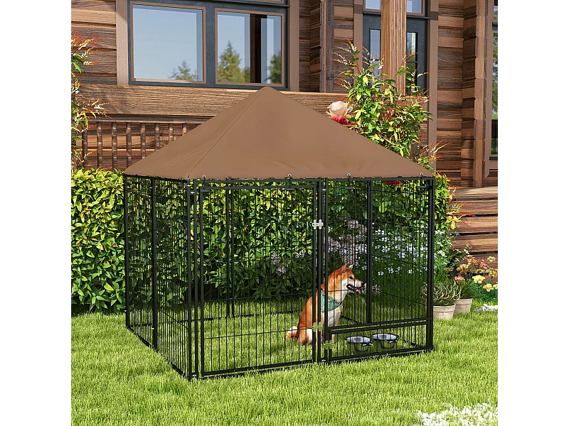 Chenil extérieur pour chiens en métal et tissu oxford avec support gamelle et toit résistant aux intempéries espace spacieux 141L x 141l x 151H cm noir