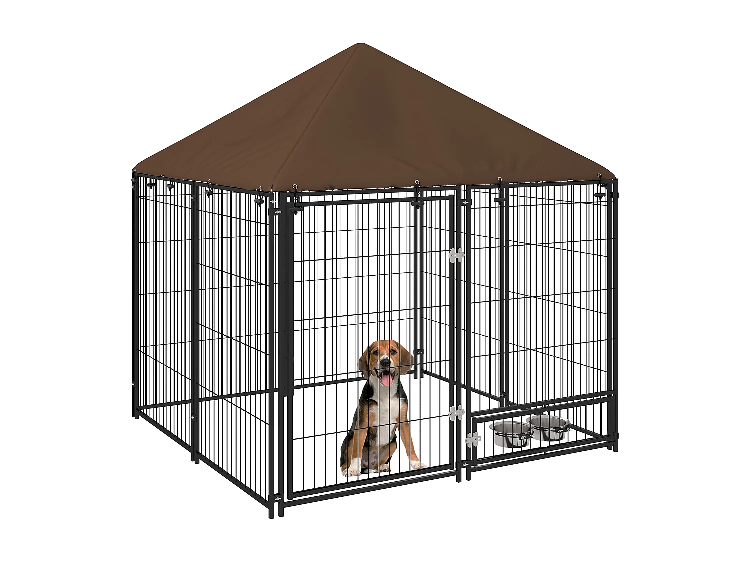 Chenil extérieur pour chiens en métal et tissu oxford avec support gamelle et toit résistant aux intempéries espace spacieux 141L x 141l x 151H cm noir