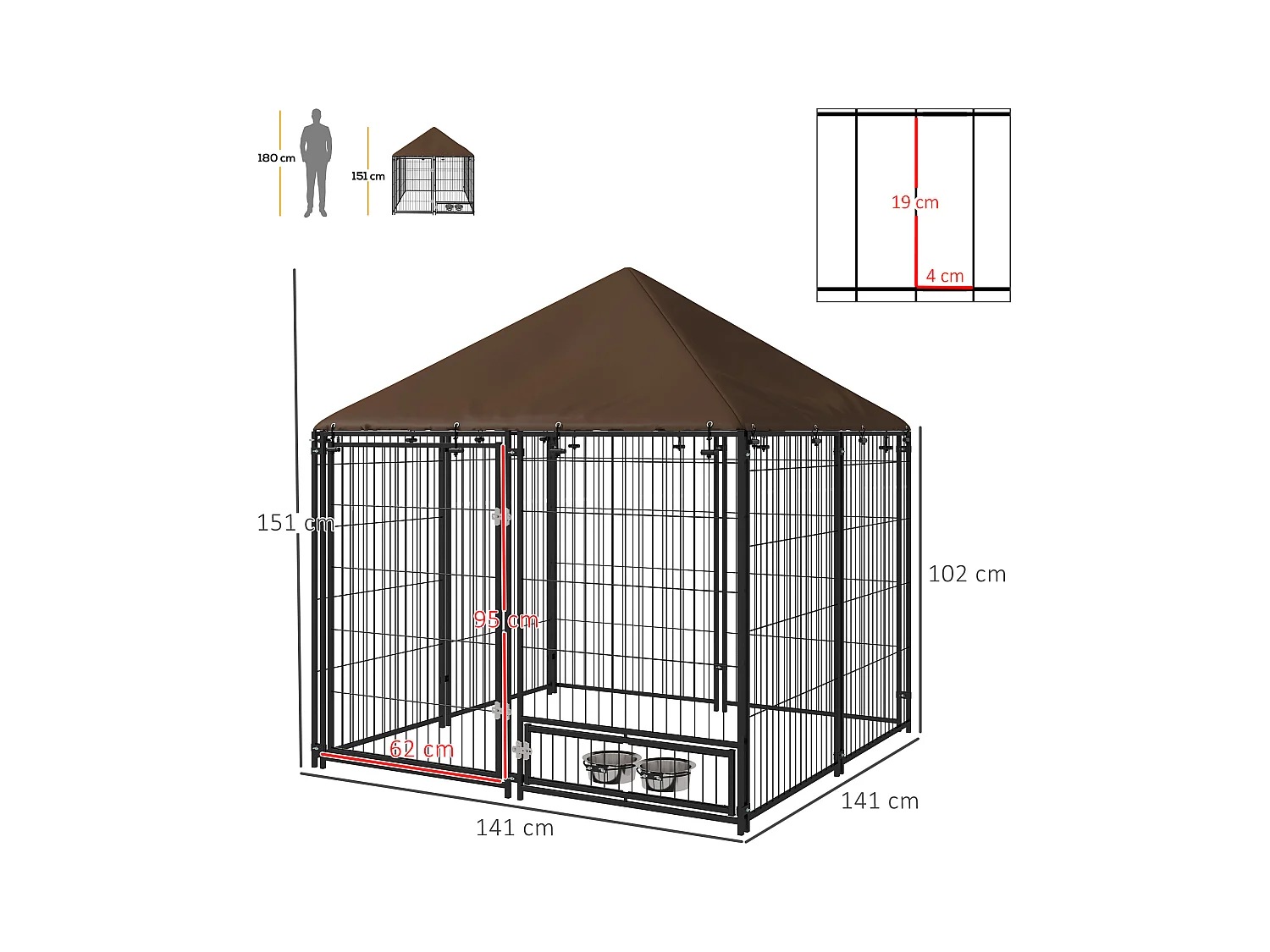Chenil extérieur pour chiens en métal et tissu oxford avec support gamelle et toit résistant aux intempéries espace spacieux 141L x 141l x 151H cm noir
