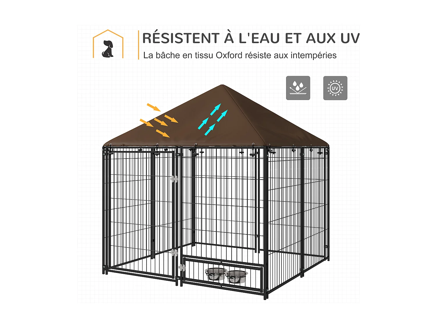 Chenil extérieur pour chiens en métal et tissu oxford avec support gamelle et toit résistant aux intempéries espace spacieux 141L x 141l x 151H cm noir