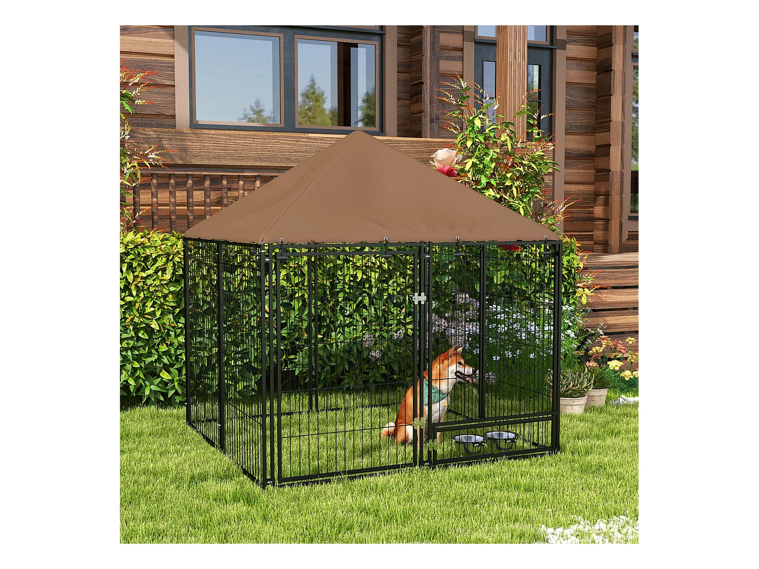 Chenil extérieur pour chiens en métal et tissu oxford avec support gamelle et toit résistant aux intempéries espace spacieux 141L x 141l x 151H cm noir