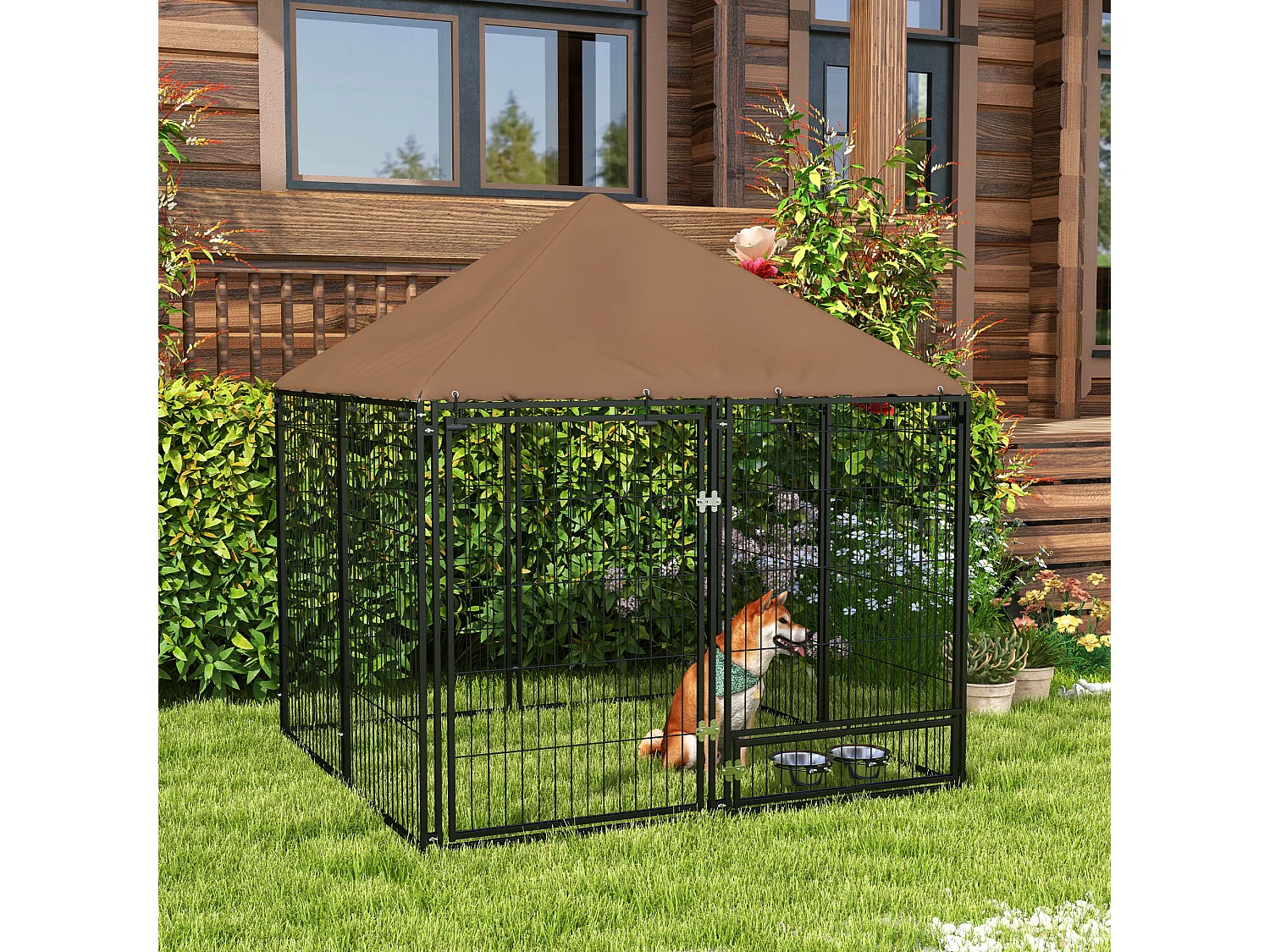 Chenil extérieur pour chiens en métal et tissu oxford avec support gamelle et toit résistant aux intempéries espace spacieux 141L x 141l x 151H cm noir