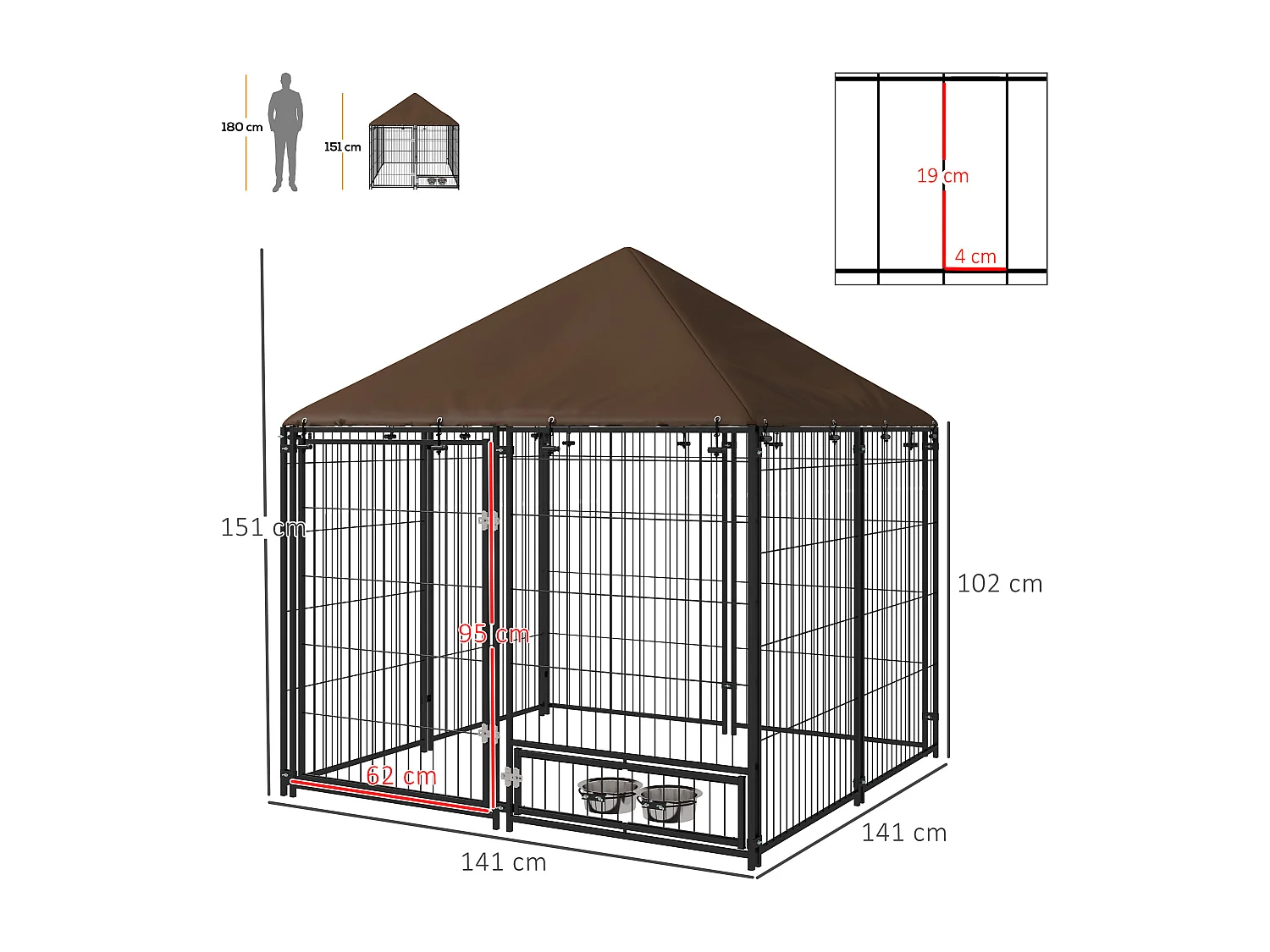Chenil extérieur pour chiens en métal et tissu oxford avec support gamelle et toit résistant aux intempéries espace spacieux 141L x 141l x 151H cm noir