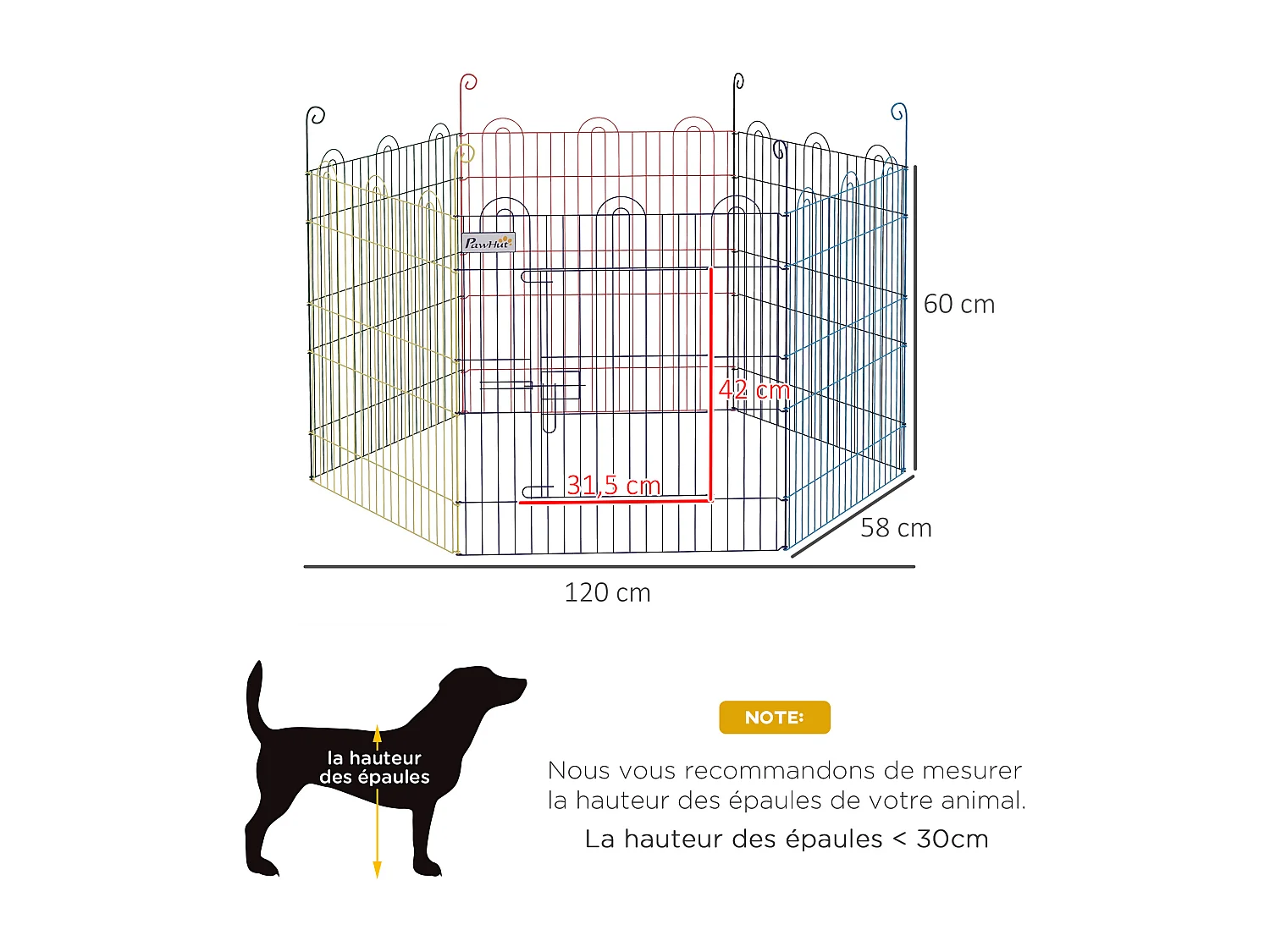 Parc enclos modulable pour chien animaux porte verrouillable 6 panneaux dim. panneau 59L x 60H cm métal multicolore