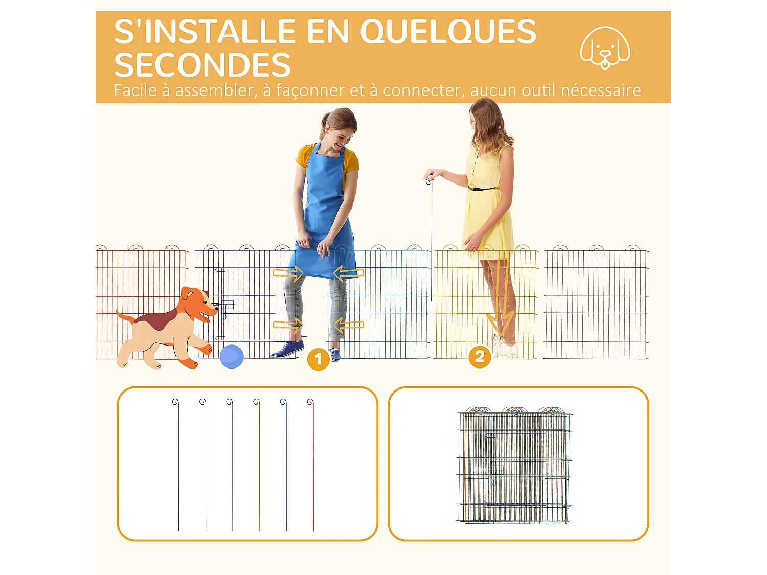Parc enclos modulable pour chien animaux porte verrouillable 6 panneaux dim. panneau 59L x 60H cm métal multicolore