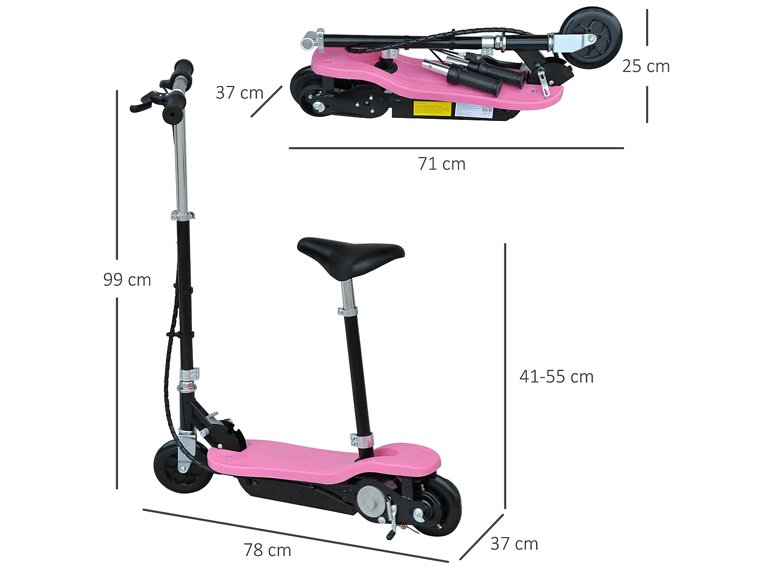 Trottinette électrique 120 W pliable pour enfants à partir de 7 ans hauteur de guidon et selle réglable 10 Km/h max. rose noir