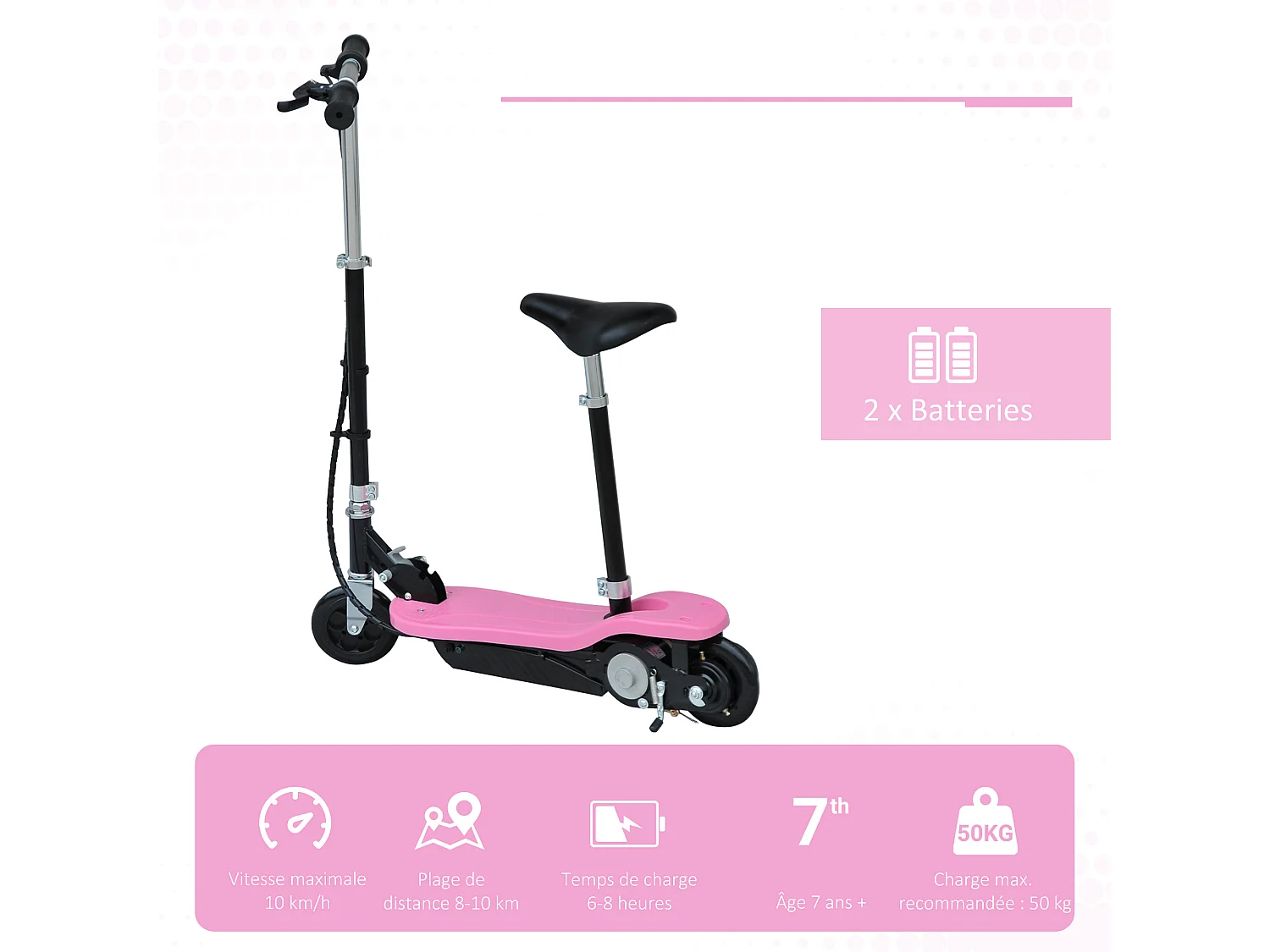 Trottinette électrique 120 W pliable pour enfants à partir de 7 ans hauteur de guidon et selle réglable 10 Km/h max. rose noir
