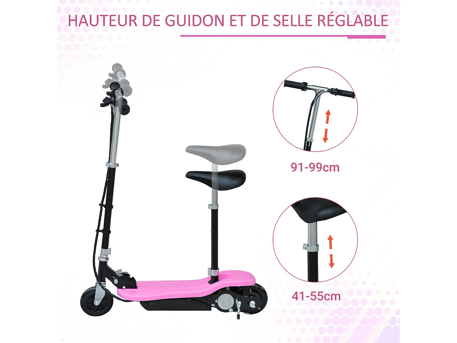 Trottinette électrique 120 W pliable pour enfants à partir de 7 ans hauteur de guidon et selle réglable 10 Km/h max. rose noir