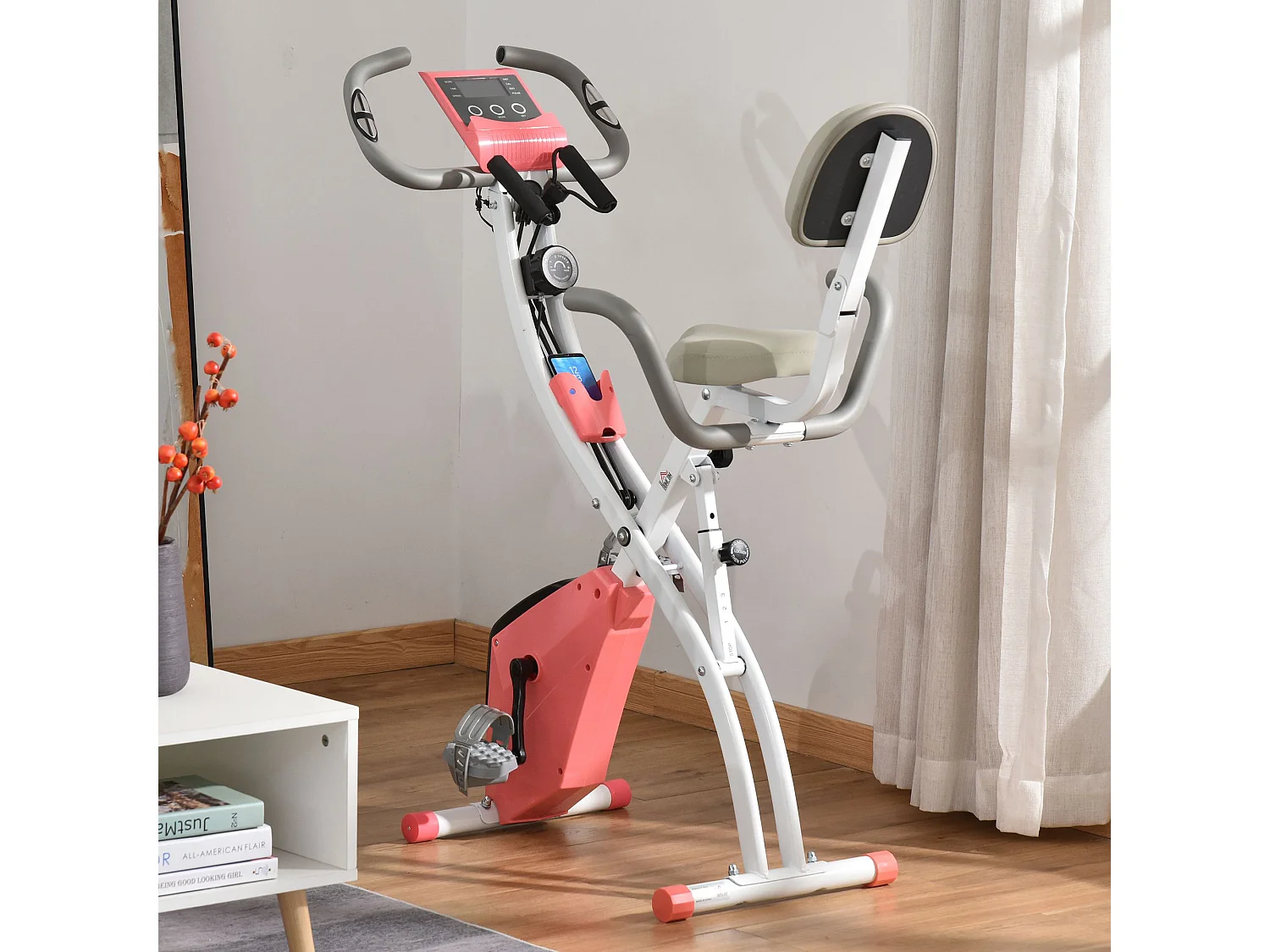 Vélo d'appartement pliant 8 niveaux de résistance magnétique dossier selle réglable poignées ergonomiques écran LCD multifonction suspensions support tablette acier