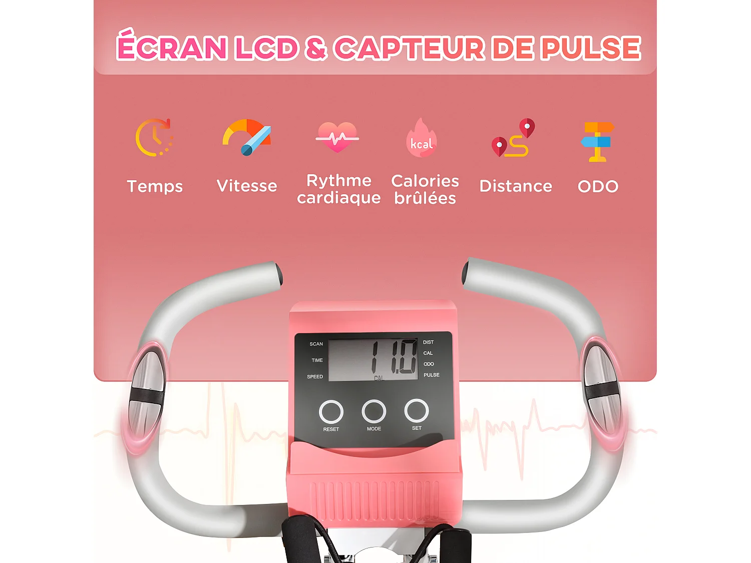 Vélo d'appartement pliant 8 niveaux de résistance magnétique dossier selle réglable poignées ergonomiques écran LCD multifonction suspensions support tablette acier