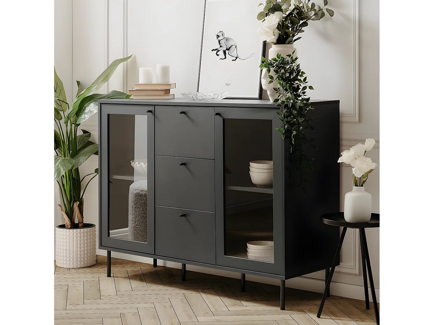 Buffet 2 portes vitrées 3 tiroirs bleu nuit 120 cm - Agata