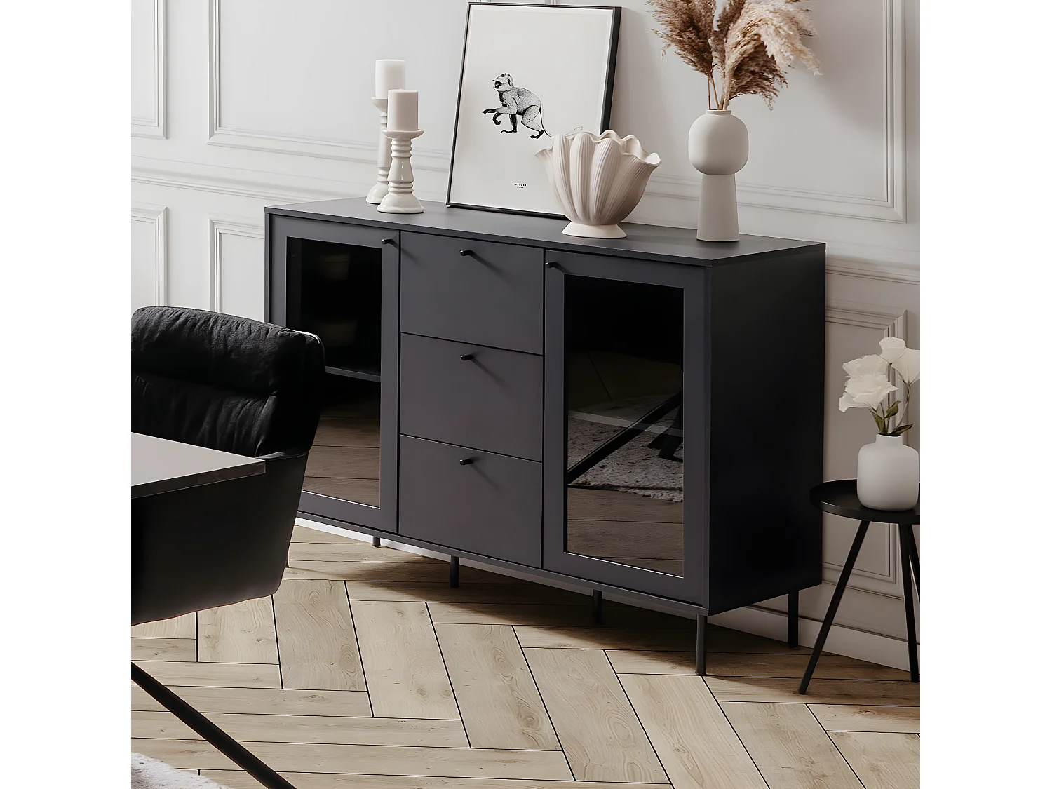 Buffet 2 portes vitrées 3 tiroirs bleu nuit 120 cm - Agata