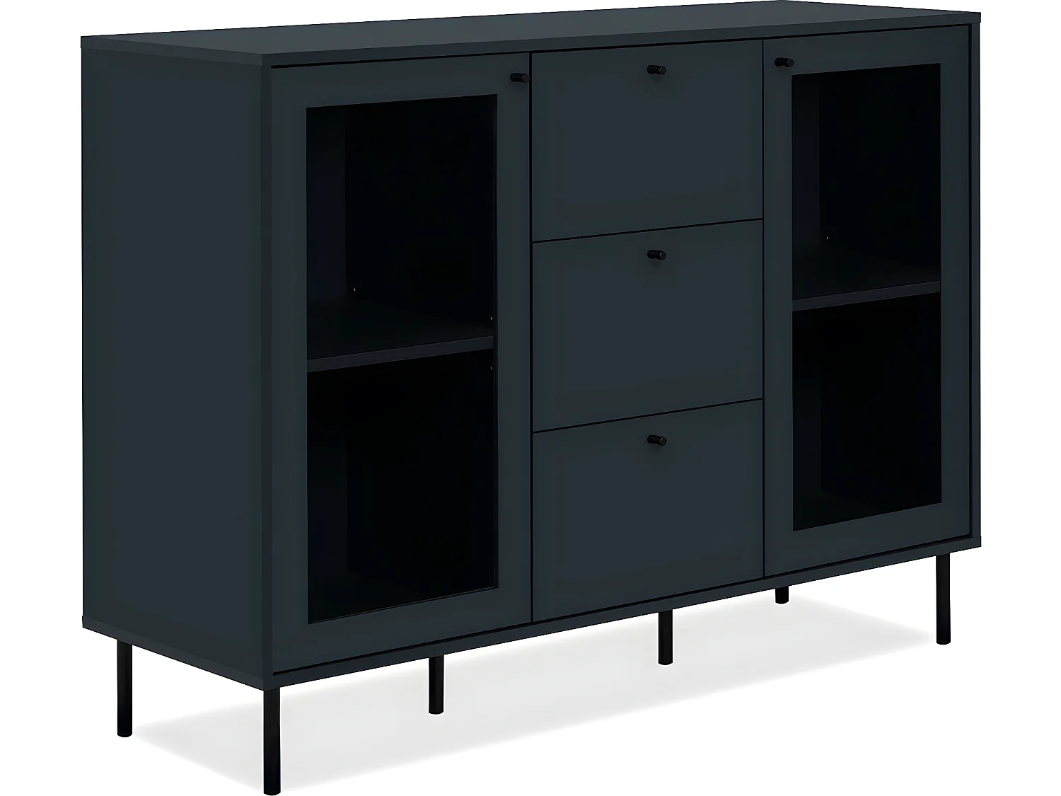 Buffet 2 portes vitrées 3 tiroirs bleu nuit 120 cm - Agata