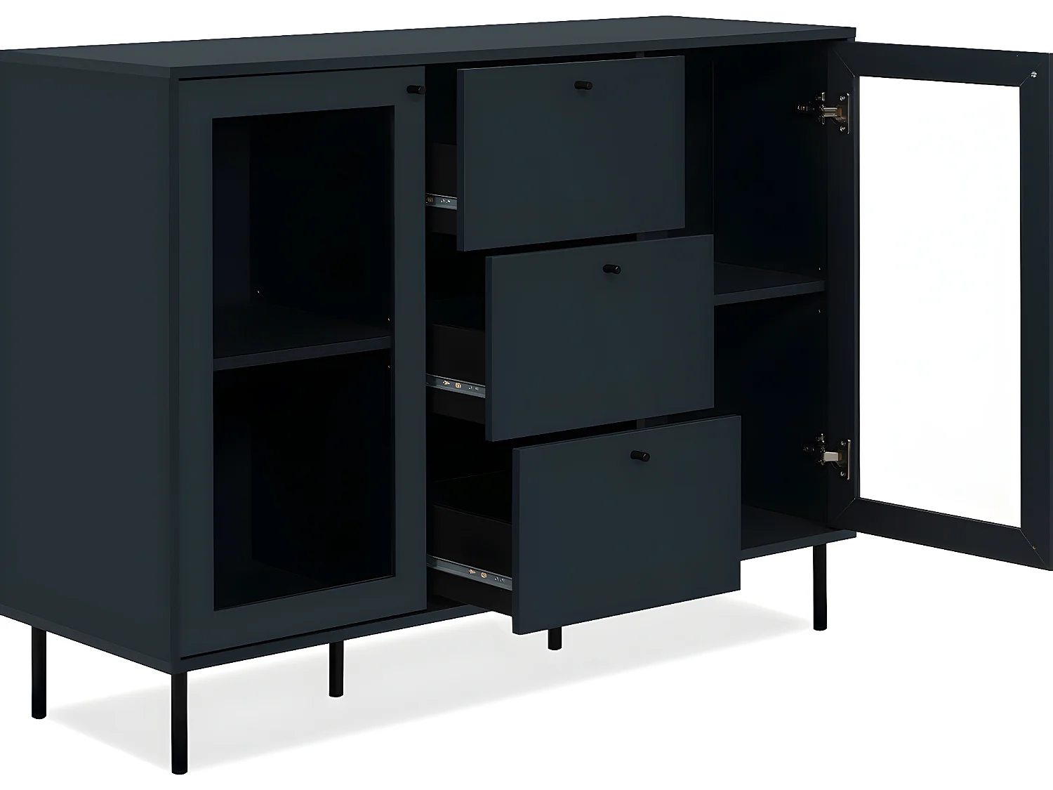 Buffet 2 portes vitrées 3 tiroirs bleu nuit 120 cm - Agata