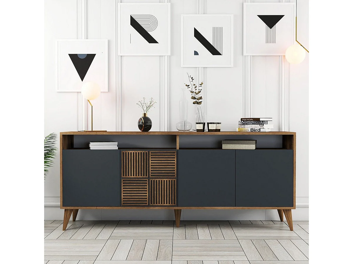 Bufet skandynawski MILAN 4 drzwi L180 cm z drewna melaminowanego FSC, plastikowe nogi, trwały i elegancki design