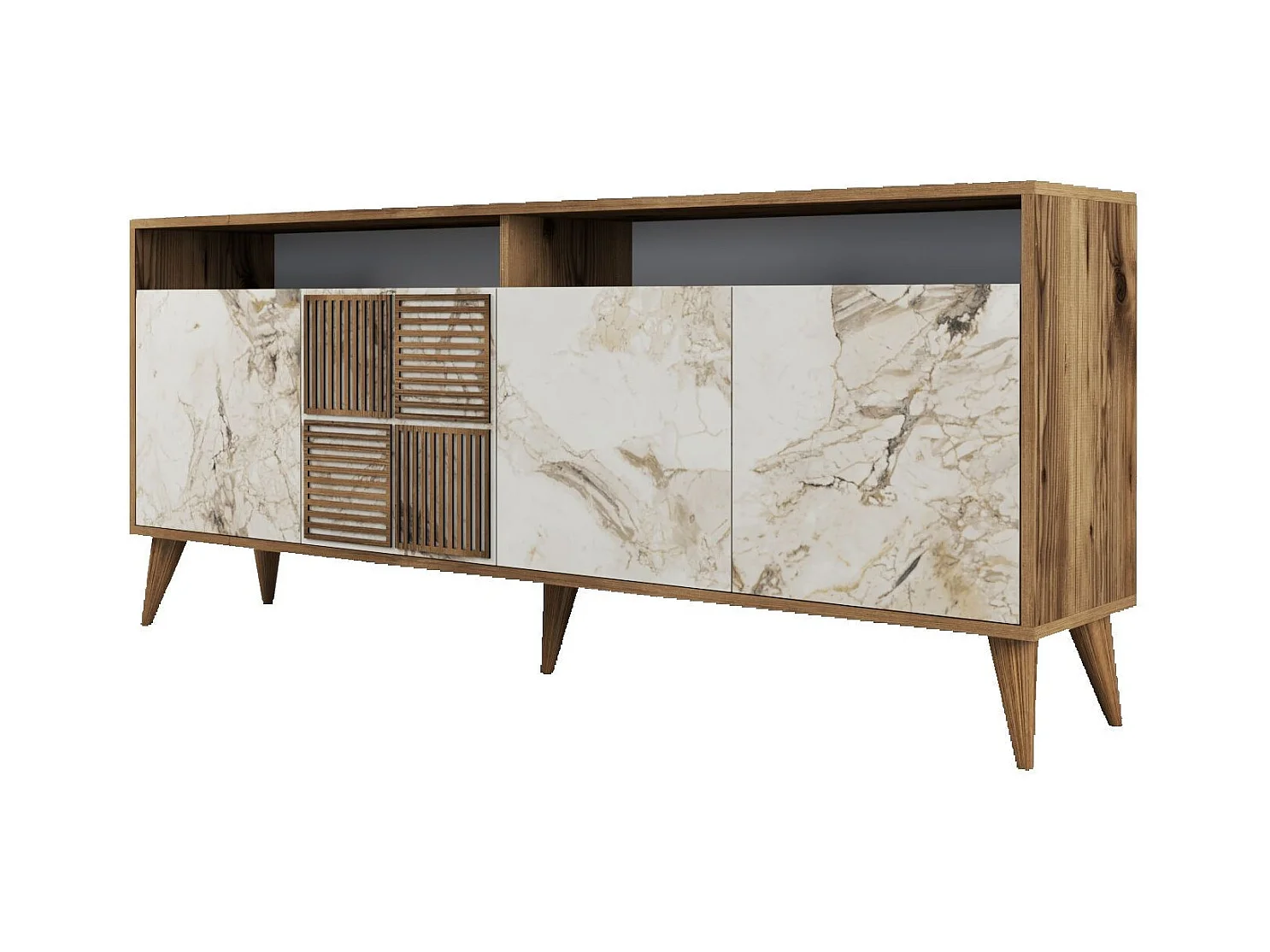 Buffet bas 4 portes et 2 niches de rangement Kaltes L180cm Bois foncé et Effet marbre blanc
