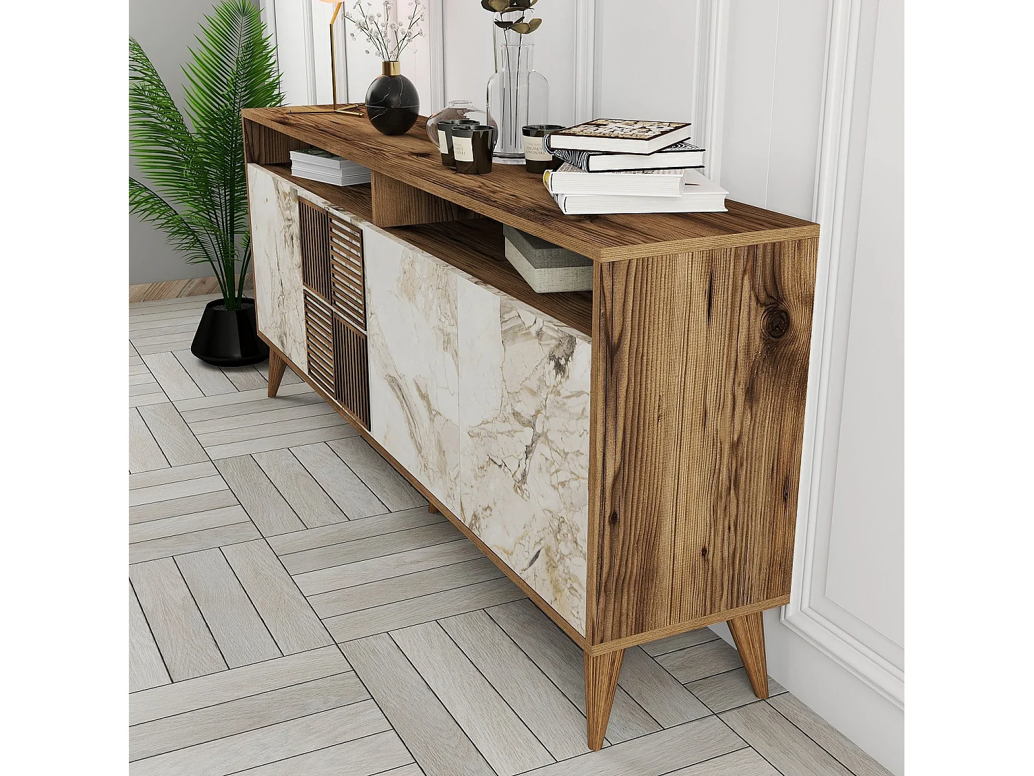 Buffet bas 4 portes et 2 niches de rangement Kaltes L180cm Bois foncé et Effet marbre blanc