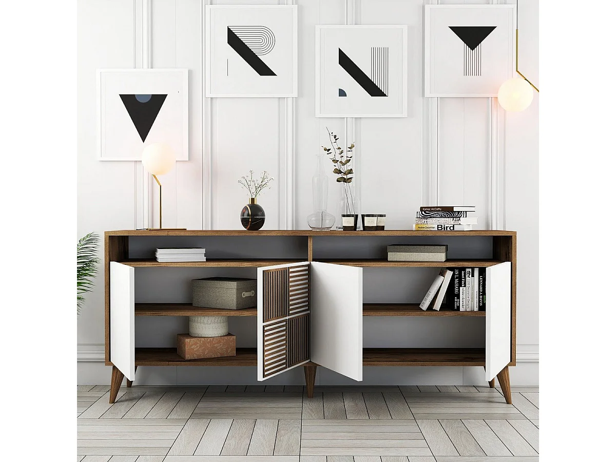 Elegancka komoda – 180 x 35 x 78 cm – Orzech i biel – Płyta wiórowa pokryta melaminą