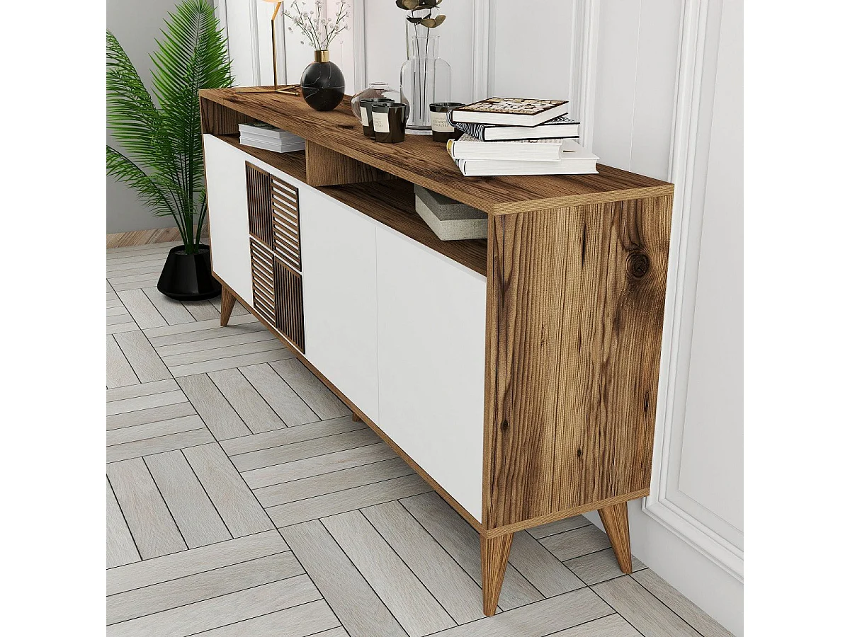 Elegancka komoda – 180 x 35 x 78 cm – Orzech i biel – Płyta wiórowa pokryta melaminą