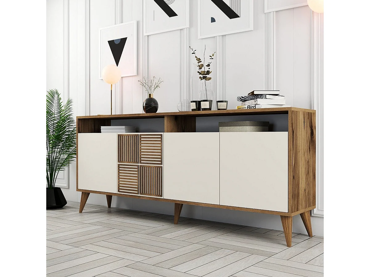 Skandinavisches Buffet MILAN 4 Türen L180 cm aus FSC-melaminbeschichtetem Holz, Design Nussbaum Creme, ökologisch und montagefertig