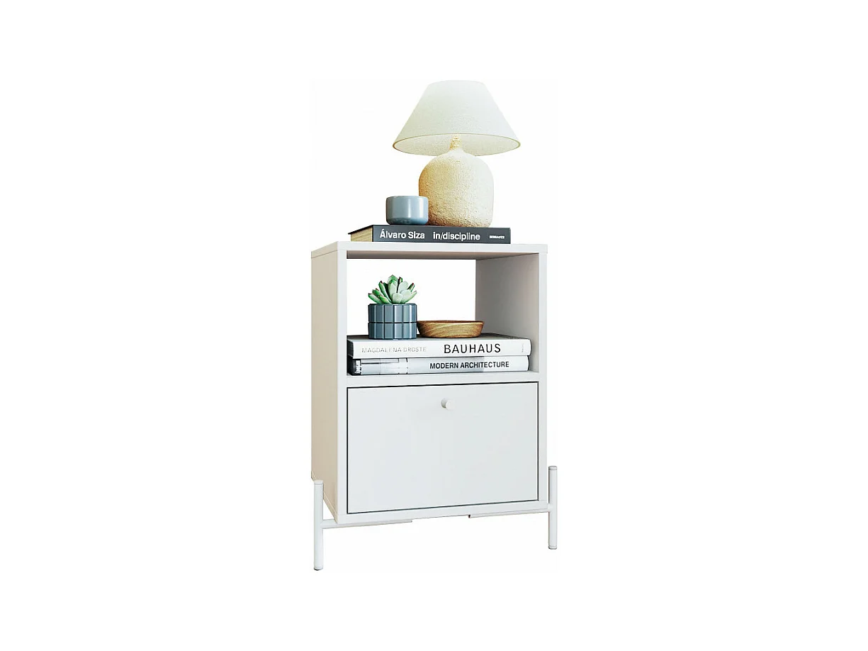 Chevet Blanc 1 Tiroir 1 Niche Pieds Métal L 45 H 56 P 35 cm