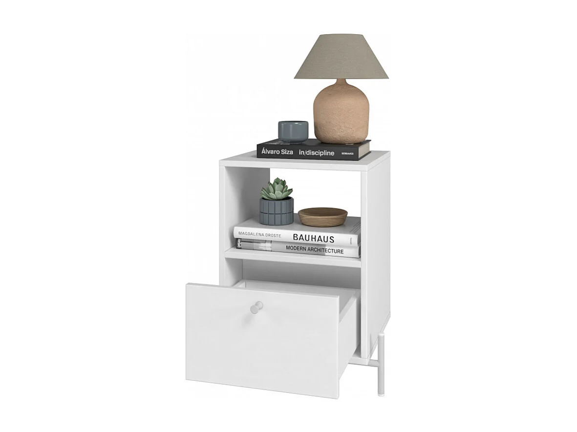 Chevet Blanc 1 Tiroir 1 Niche Pieds Métal L 45 H 56 P 35 cm