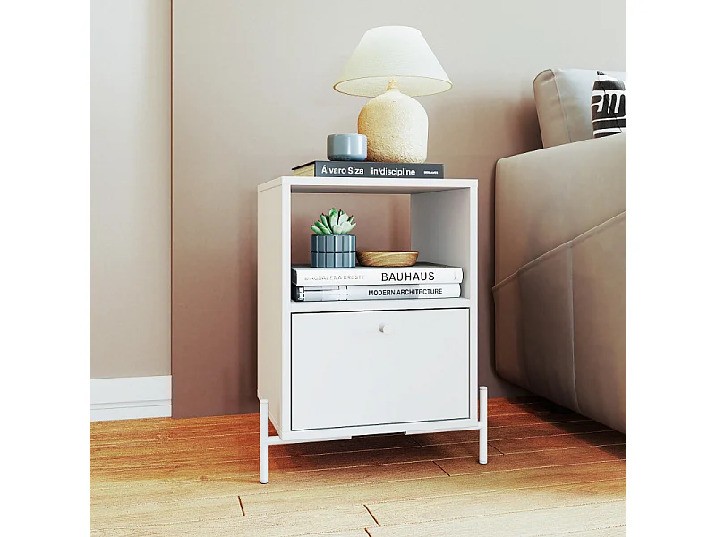 Table de Chevet Blanc 1 Tiroir 1 Niche Pieds Métal L 45 H 56 P 35 cm