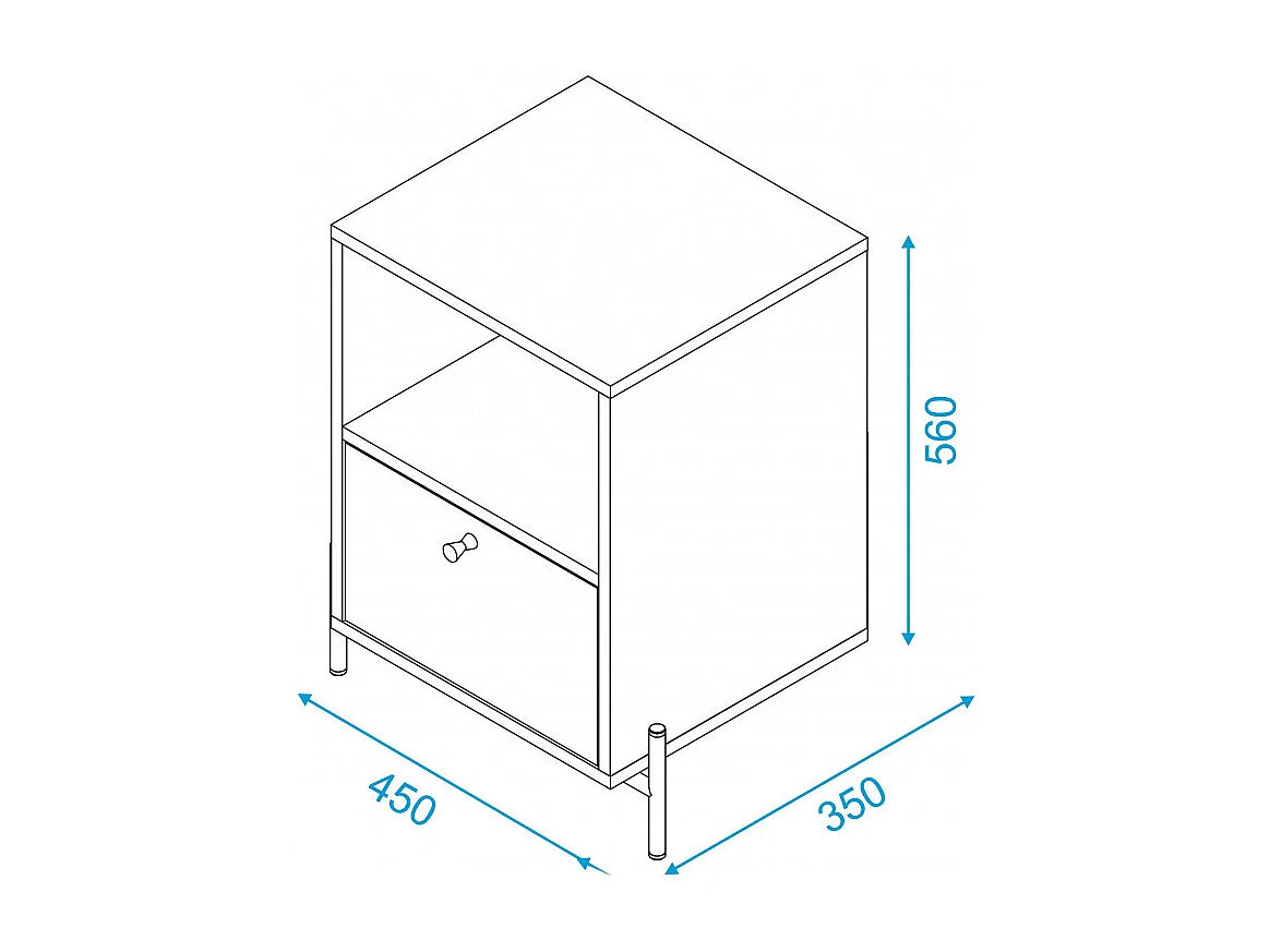 Table de Chevet Blanc 1 Tiroir 1 Niche Pieds Métal L 45 H 56 P 35 cm