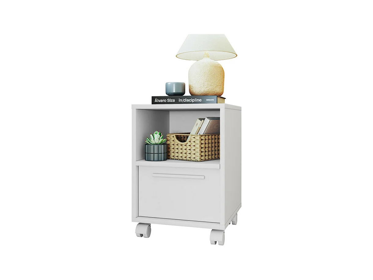 Chevet Blanc 1 Porte 2 Niches Blanc sur Roulettes