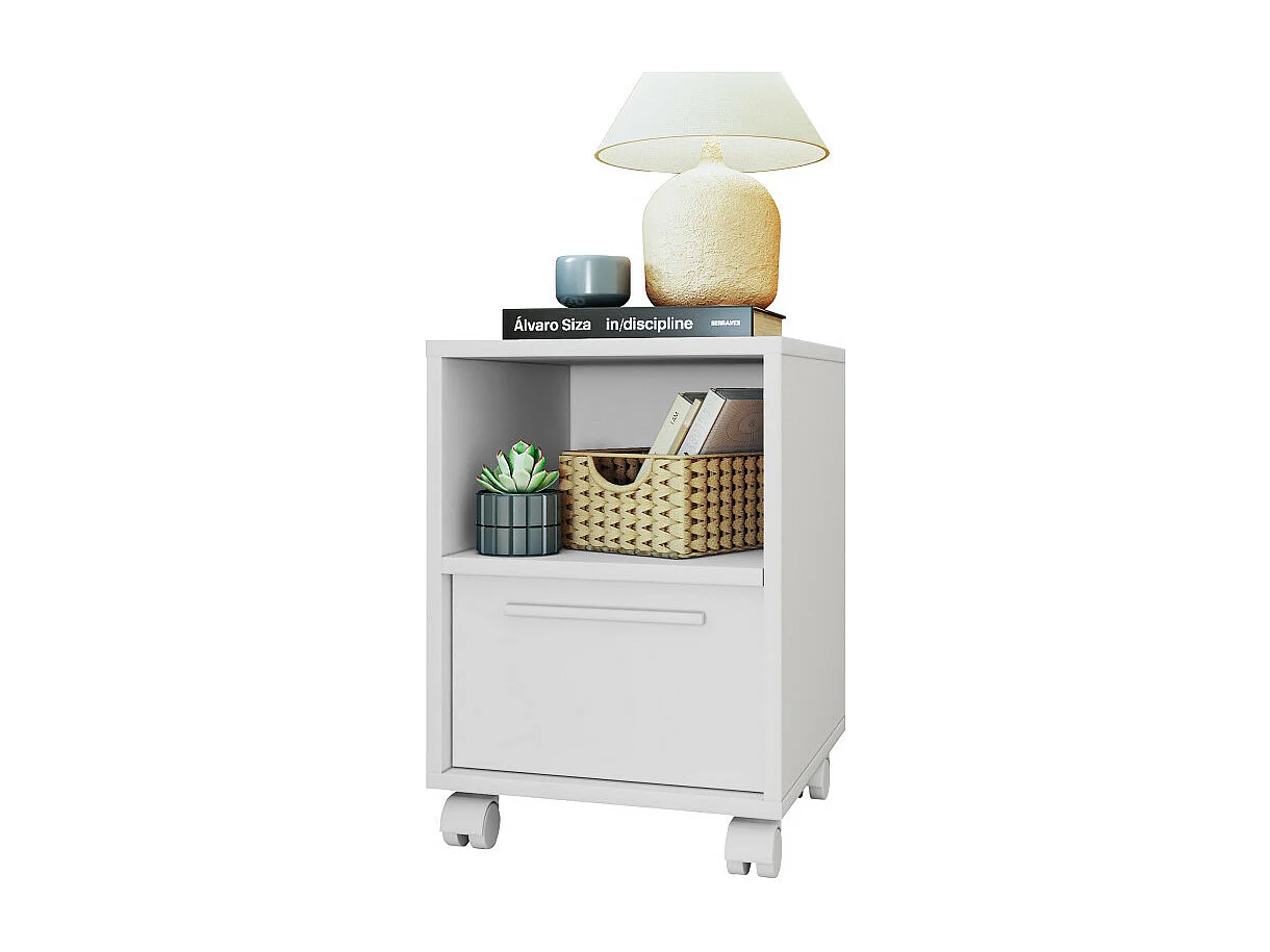 Chevet Blanc 1 Porte 2 Niches Blanc sur Roulettes