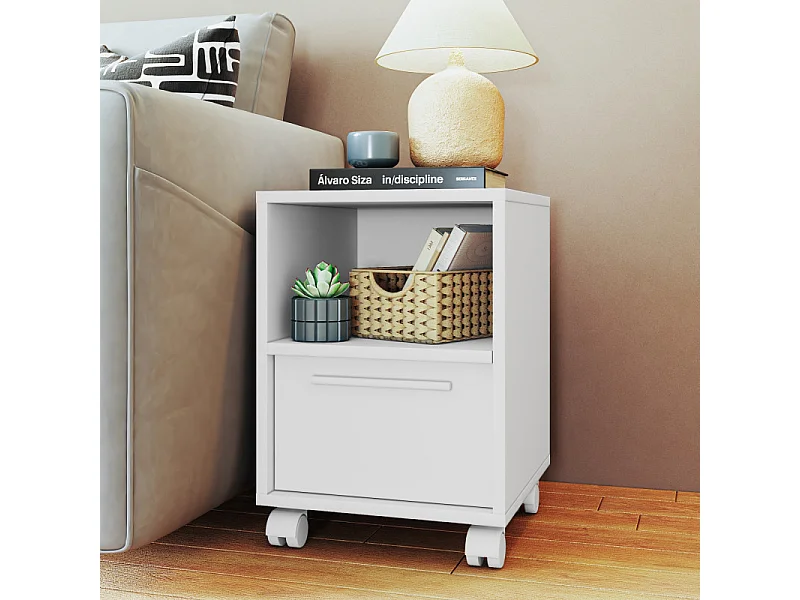 Chevet Blanc 1 Porte 2 Niches Blanc sur Roulettes