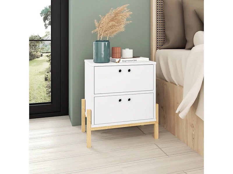 Chevet Blanc 2 Tiroirs Pieds Bois Massif