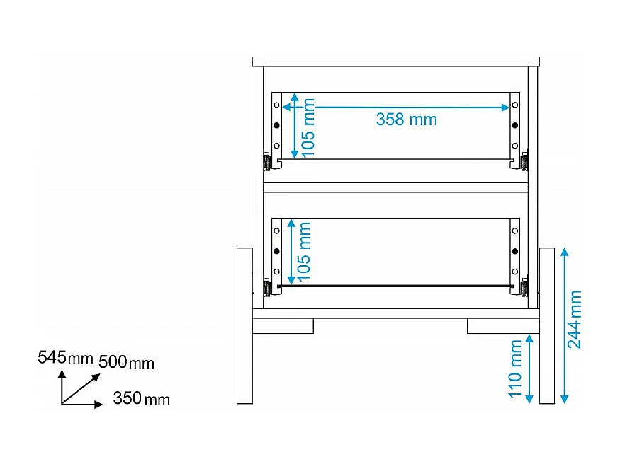 Chevet Blanc 2 Tiroirs Pieds Bois Massif