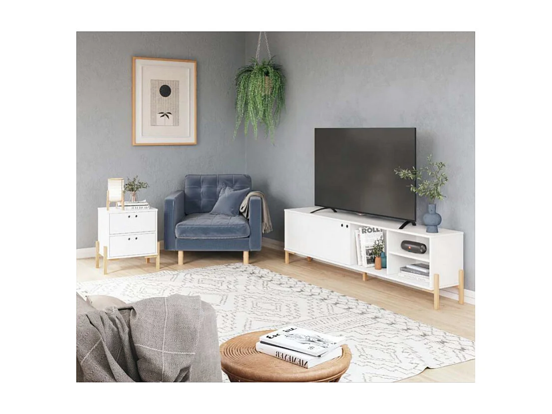 Chevet Blanc 2 Tiroirs Pieds Bois Massif