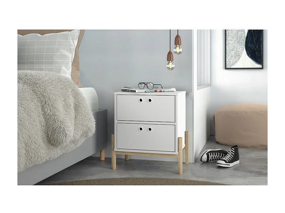 Chevet Blanc 2 Tiroirs Pieds Bois Massif