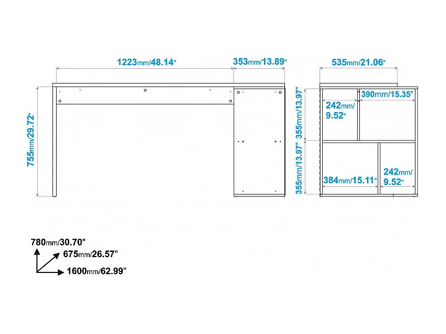 Bureau et Rayonnage Blanc 4 Niches OFFICE