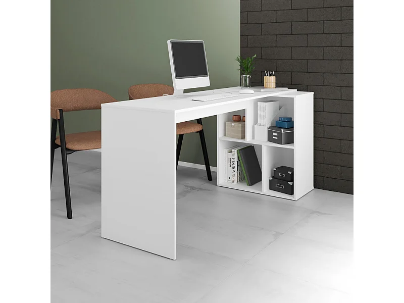 Bureau et Rayonnage Blanc 4 Niches OFFICE