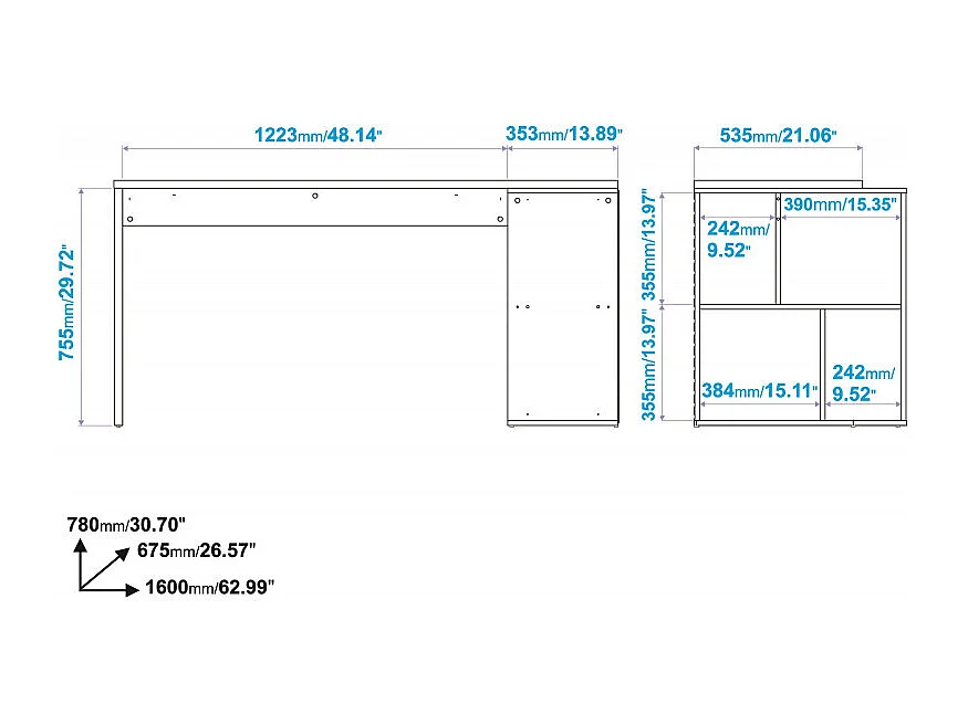 Bureau et Rayonnage Châtaignier 4 Niches OFFICE