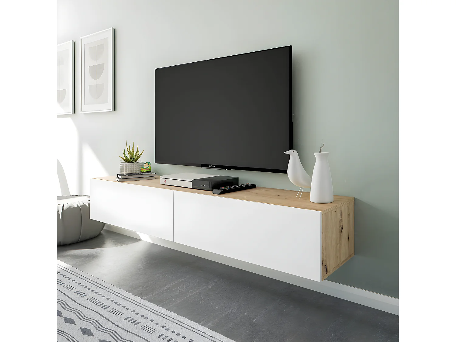 Meuble TV avec 2 portes coloris chêne nordique, blanc artic - longueur  180 x hauteur 28 x profondeur 34,50 cm